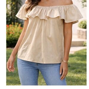 S'EDGE Bonnie Top Bone Off The Shoulder Ruffle Blouse Cotton Blend NWT Size M